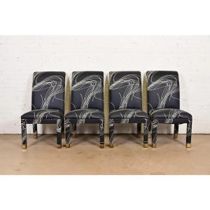 Karl Springer Style Modern Parsons Upholstered Dining Chairs, Set of Four