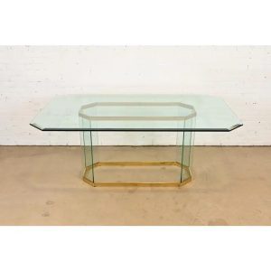 Leon Rosen for Pace Collection Mid-Century Modern Brass and Glass Pedestal Dining Table, 1970s
