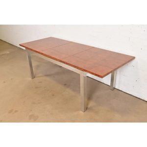Leon Rosen for Pace Collection Mid-Century Modern Burl Wood and Chrome Extension Dining Table, Newly Refinished