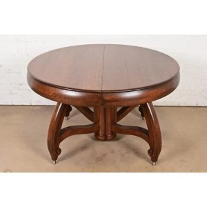 Limbert Style Antique Arts & Crafts Tiger Oak Pedestal Extension Dining Table, Newly Refinished