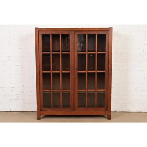 Limbert Style Mission Oak Arts & Crafts Glass Front Double Bookcase Cabinet, Circa 1900