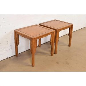 Michael Taylor for Baker Furniture Mid-Century Hollywood Regency Chinoiserie Carved Elm Side Tables, Pair