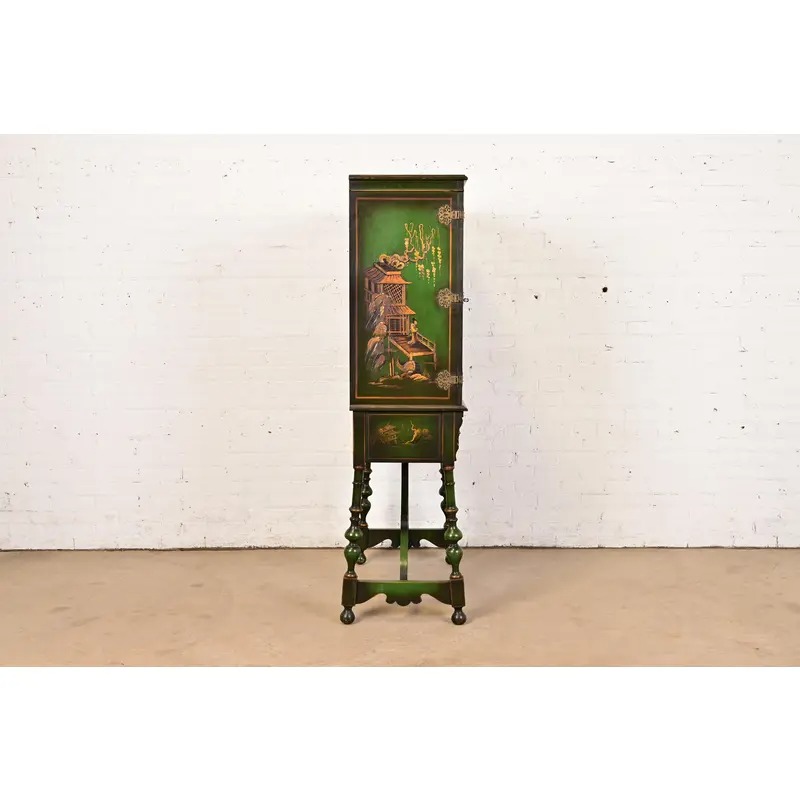 Antique Chinoiserie Jacobean Green Lacquered Hand Painted Bookcase or Bar Cabinet, Circa 1920s - Image 12
