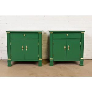 Baker Furniture French Empire Green Lacquered Nightstands, Newly Refinished