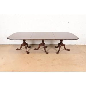 Baker Furniture Style Chippendale Carved Mahogany Triple Pedestal Extension Dining Table, Newly Refinished