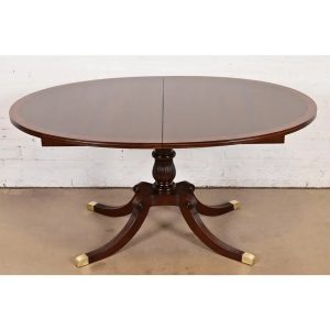 Baker Furniture Style Georgian Banded Mahogany Pedestal Extension Dining Table, Newly Refinished