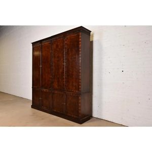 Baker Furniture Style Regency Mahogany and Burl Wood Double Armoire Dresser or Linen Press