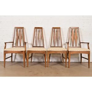Broyhill Brasilia Style Mid-Century Modern Sculpted Walnut High Back Dining Chairs, Set of Four