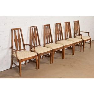 Broyhill Brasilia Style Mid-Century Modern Sculpted Walnut High Back Dining Chairs, Set of Six