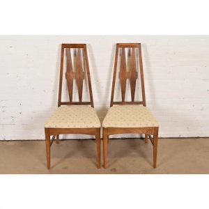 Broyhill Brasilia Style Mid-Century Modern Sculpted Walnut High Back Side Chairs or Dining Chairs, Pair