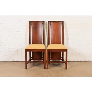 Frank Lloyd Wright Sculpted Mahogany High Back Side Chairs or Dining Chairs, Pair