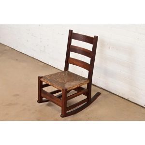 Gustav Stickley Antique Mission Oak Arts & Crafts Ladder Back Rocking Chair With Rush Seat, Circa 1910