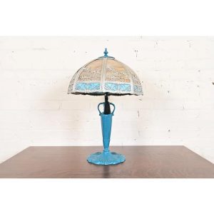 Handel Style Antique Art Nouveau Slag Glass Turquoise Table Lamp With Palm Tree Motif, Circa 1920s