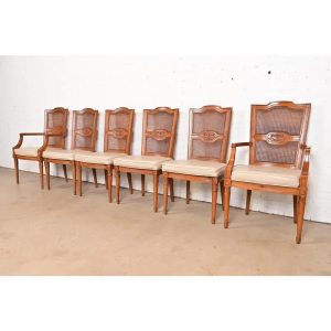 Henredon French Regency Louis XVI Carved Walnut Cane Back Dining Chairs, Set of Six