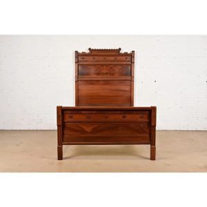 Herter Brothers Style Antique Monumental Eastlake Victorian Carved Burled Walnut Full Size Bed, Circa 1880s