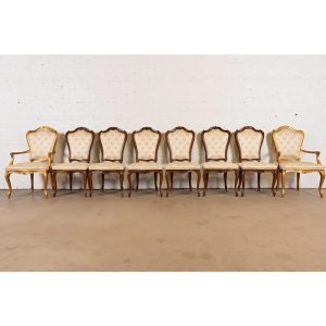 Karges French Provincial Louis XV Carved Walnut and Gold Gilt Dining Chairs, Set of Eight