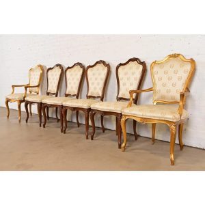 Karges French Provincial Louis XV Carved Walnut and Gold Gilt Dining Chairs, Set of Six