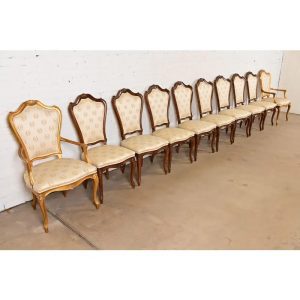 Karges French Provincial Louis XV Carved Walnut and Gold Gilt Dining Chairs, Set of Ten