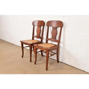 Limbert Style Antique Arts & Crafts Carved Oak and Cane Side Chairs or Dining Chairs, Pair