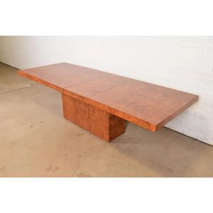 Milo Baughman Style Mid-Century Modern Burl Wood Pedestal Extension Dining Table, Newly Refinished