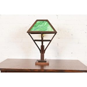 Stickley Style Antique Mission Arts & Crafts Oak Table Lamp With Slag Glass Shade, Circa 1920s