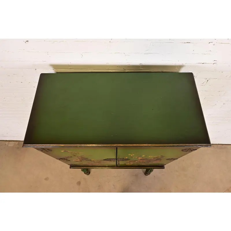 Antique Chinoiserie Jacobean Green Lacquered Hand Painted Bookcase or Bar Cabinet, Circa 1920s - Image 13