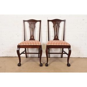 Baker Furniture Style Chippendale Carved Mahogany Side Chairs or Dining Chairs, Pair