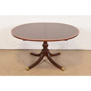 Baker Furniture Style Georgian Banded Mahogany Pedestal Extension Dining Table, Newly Refinished