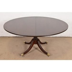 Baker Furniture Style Georgian Banded Mahogany Pedestal Extension Dining Table, Newly Refinished