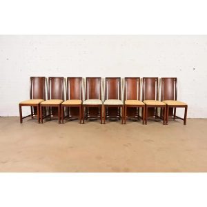 Frank Lloyd Wright Sculpted Mahogany High Back Dining Chairs, Set of Eight