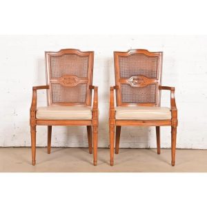 Henredon French Regency Louis XVI Carved Walnut Cane Back Armchairs or Dining Captain Chairs, Pair
