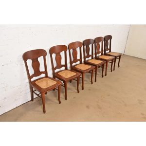 Limbert Style Antique Arts & Crafts Carved Oak and Cane Dining Chairs, Set of Six