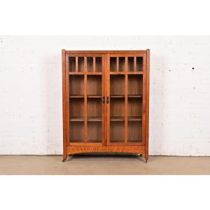 Limbert Style Mission Oak Arts & Crafts Glass Front Double Bookcase Cabinet, Circa 1900