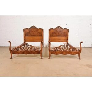 Romweber French Provincial Louis XV Ornate Carved Burl Wood Twin Beds, Pair