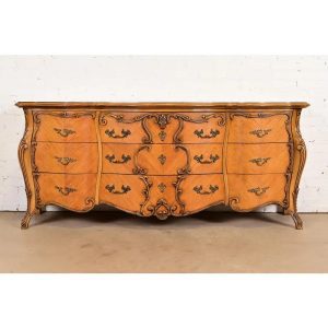 Romweber French Rococo Louis XV Carved Satinwood Long Dresser or Credenza