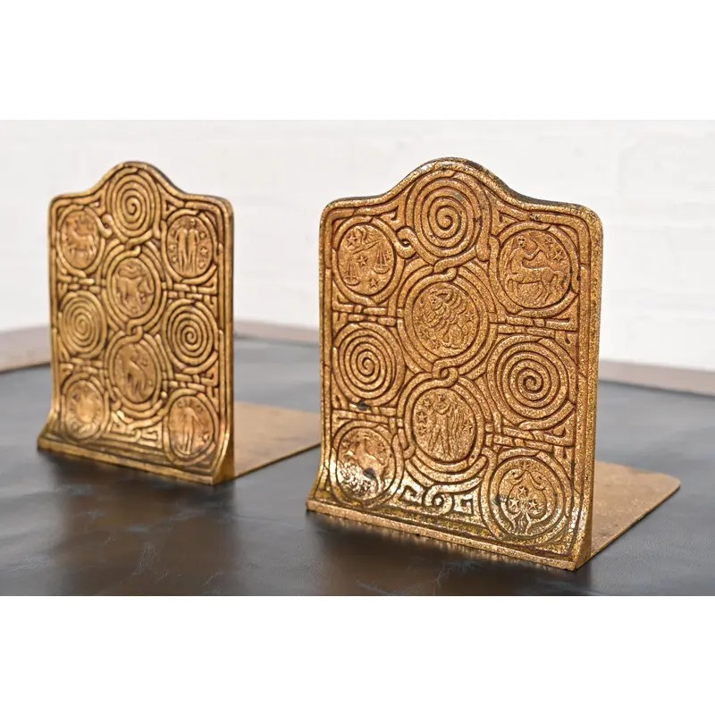 Tiffany Studios New York Bronze Doré Zodiac Bookends, Circa 1910