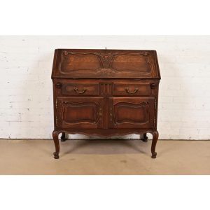 Antique French Provincial Louis XV Carved Oak Drop Front Secretary Desk, Circa 1900