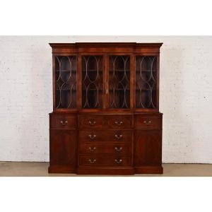 Baker Furniture Style Georgian Carved Flame Mahogany Breakfront Bookcase Cabinet With Drop Front Secretary Desk