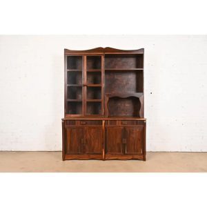 Don Shoemaker Studio Crafted Carved Cocobolo Rosewood Breakfront Bookcase Cabinet, Circa 1970s