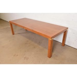 Drexel Heritage Mid-Century Modern Campaign Pecan Wood Extension Dining Table, Newly Refinished