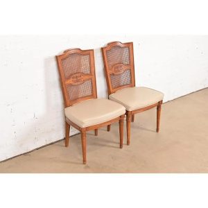 Henredon French Regency Louis XVI Carved Walnut Cane Back Side Chairs or Dining Chairs, Pair