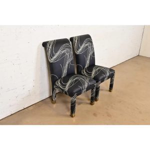Karl Springer Style Modern Parsons Upholstered Side Chairs or Dining Chairs, Pair
