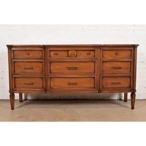 Kent Coffey French Regency Louis XVI Carved Cherry and Burl Wood Triple Dresser, Circa 1960s