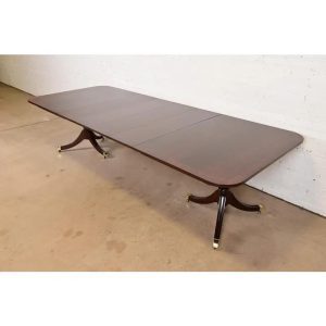Kindel Furniture Georgian Banded Mahogany Double Pedestal Extension Dining Table, Newly Refinished