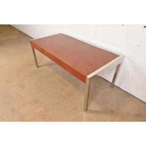Leon Rosen for Pace Collection Leather and Polished Steel Executive Desk, 1970s