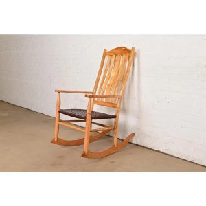 Sam Maloof Style Studio Crafted Solid Spalted Maple and Woven Leather Rocking Chair