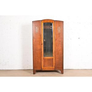 Antique English Art Nouveau Carved Oak Mirrored Armoire, Circa 1920s