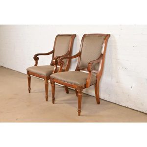 Ethan Allen French Regency Louis XVI Carved Cherry Wood Upholstered Armchairs, Pair