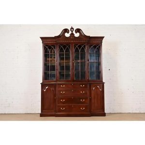 Georgian Carved Mahogany Lighted Breakfront Bookcase Cabinet by Craftique