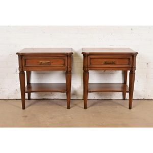 Kent Coffey French Regency Louis XVI Carved Cherry Wood Nightstands, Pair